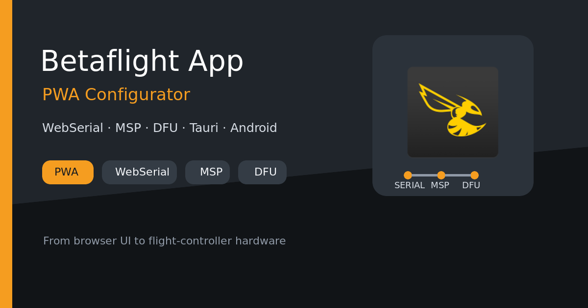 Betaflight App cover showing the Betaflight logo with PWA, WebSerial, MSP, Tauri, and firmware flashing signals