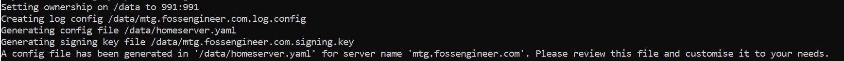 Message after successfully creating Matrix Server Configuration