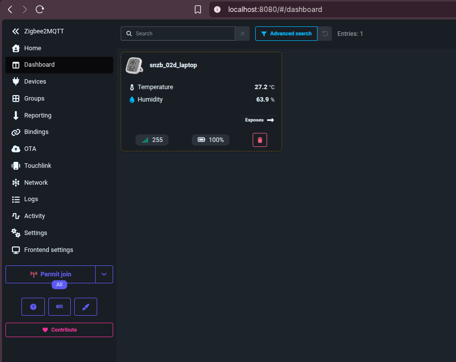 zigbee2mqtt showing my SNZB-02D